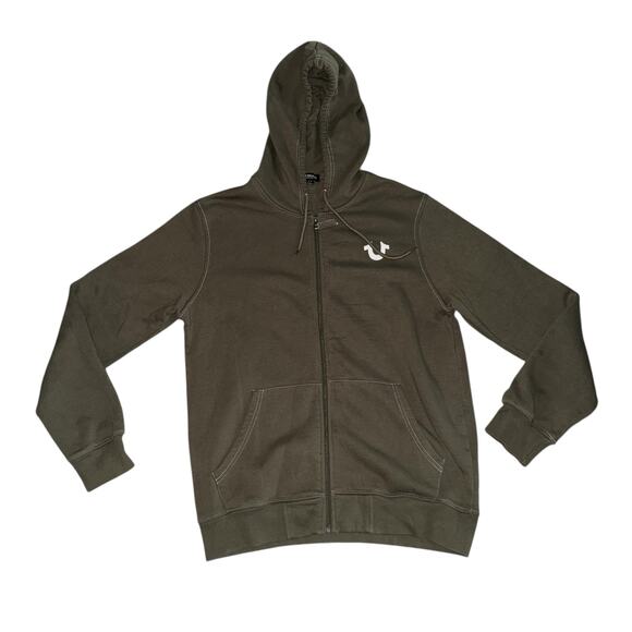 True Religion Budda Logo Seal Full Zip Hoodie Olive Green Stretch Size Large - Picture 4 of 7